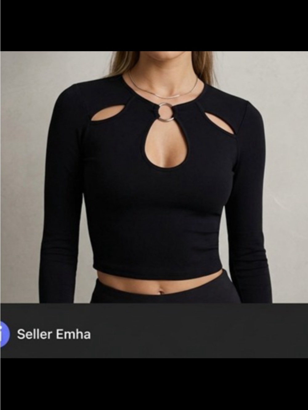 Black Long-Sleeve Ring Cutout Crop Top